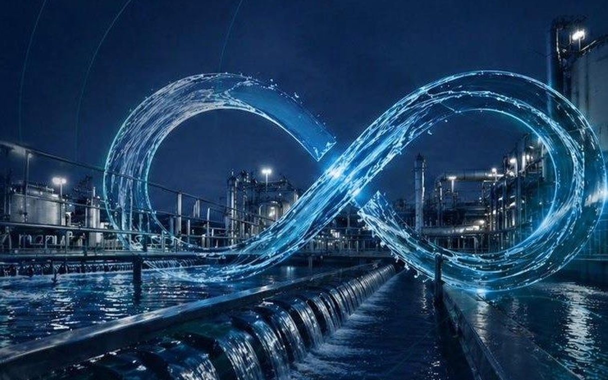 Glowing loop of water shaped like an infinity sign in front of an industrial site at night